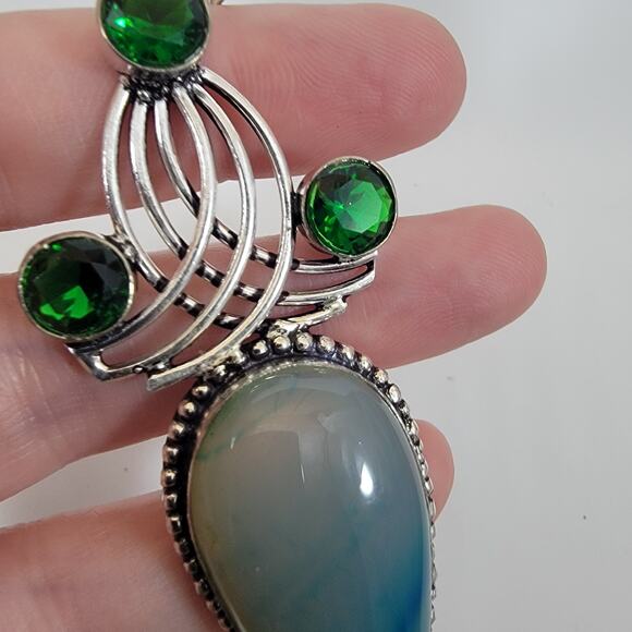 Handmade Silver Pendant with Teardrop Blue Agate and Green Quartz Gemstones Trio - Picture 8 of 10